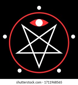 Simple vector linear illustration. White turned pentagram with a circle, red evil eye. Isolated on a black background. Design element for books, magazines, textiles.
