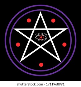 Simple vector linear illustration. White pentagram with a circle, evil eye. Isolated on a black background. Design element for books, magazines, textiles.