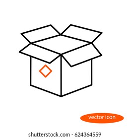 Simple vector linear image of an open cardboard box, a flat line icon.