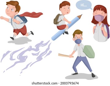 simple vector of a little boy going to school, some pictures of a little boy who will soon be back to school happily,
you can use it as graphic info material, background, poster, and anything related 