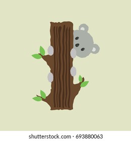 Simple vector of little grey koala on the tree. Tropical animal in the brown eucalyptus tree 