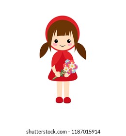 Simple vector of little red riding hood with pigtails and a bouquet of flowers of different colors.