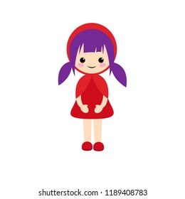 Simple vector of Little Red Riding Hood standing with her red dress and lilac hair with two pigtails.