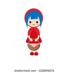 Simple vector of little red riding hood with blue short hair and a basket of piknic in hands.