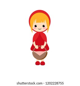 Simple vector of little red riding hood with blond short hair and a basket of picnic in hands.
