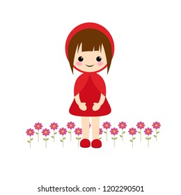 Simple vector of little red riding hood with short brown hair and some flowers on her feet.