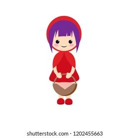 Simple vector of little red riding hood with short lilac hair and a basket of piknic in hands.