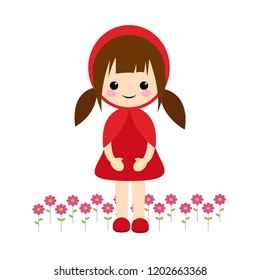 Simple vector of little red riding hood with brown hair with two pigtails and some flowers on her feet.