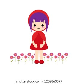 Simple vector of little red riding hood with short lilac hair and flowers on her feet.
