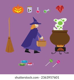 Simple vector Little witch Halloween properties ,  for educational or just for fun