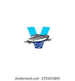 Logotipo vetor simples de um barco no mar alfabeto V letra. Adequado para marca marinha, logotipos de pesca, identidade de viagem, esportes aquáticos, temas náuticos, tipografia moderna e marca visual limpa.