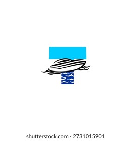 Logotipo de Vector simple de un bote en la letra T del alfabeto del mar. Adecuado para la marca marina, logotipos de pesca, identidad de viaje, deportes acuáticos, temas náuticos, tipografía moderna y marca visual limpia.