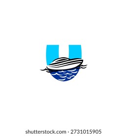 Simple vector logo of a boat on the sea alphabet U letter. Suitable for marine branding, fishing logos, travel identity, water sports, nautical themes, modern typography, and clean visual branding.