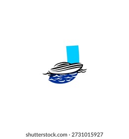 Logotipo de Vector simple de un bote en el alfabeto de mar J letra. Adecuado para la marca marina, logotipos de pesca, identidad de viaje, deportes acuáticos, temas náuticos, tipografía moderna y marca visual limpia.