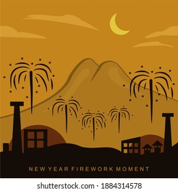 simple vector logo design of 2021 new year moment under mountains with fireworks