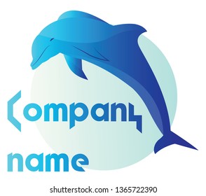 Simple vector logo design on white background of a blue dolphin