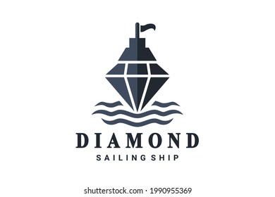 Simple Vector Logo Design shape Sailing Ship and Diamonds with style flat Minimalist