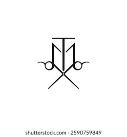simple vector logo of letter t m with scissors for barber shop