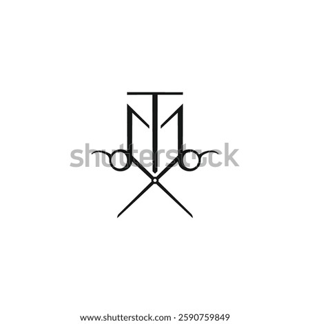 simple vector logo of letter t m with scissors for barber shop