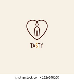 Simple vector logo in a modern style. Fork and heart-shaped. Minimalist line art style. Logo design template for food or restaurant.