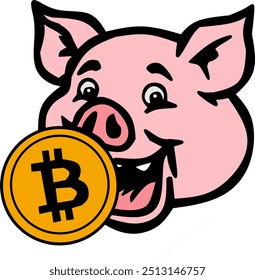 Simple vector logo of a pig biting a Bitcoin coin. Ideal for cryptocurrency businesses, financial platforms, or blockchain-related content.