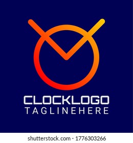 Simple vector logos for businesses, technology and sport with clock illustration  forming the initials "OV" or "VO" with a gradient color dark background.