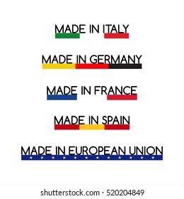 Simple vector logos Made in Italy, Made in Germany, Made in France, Made in Spain and Made in European Union