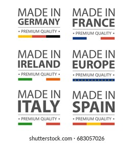 Simple vector logos Made in Italy, Germany,  France, Ireland, Spain and Made in European Union. Premium quality. Label with flag. Vector illustration.