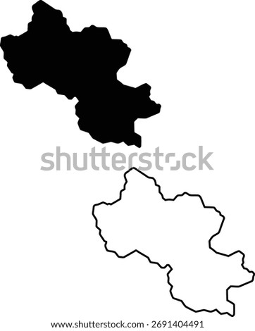 Simple vector map illustrating the distinct geographical contours of an unknown landmass using both a bold black fill and a clear line representation.