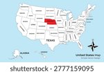 A simple vector map of the United States of America with all 50 states labeled. The state of Nebraska is highlighted in red to stand out from the other states.