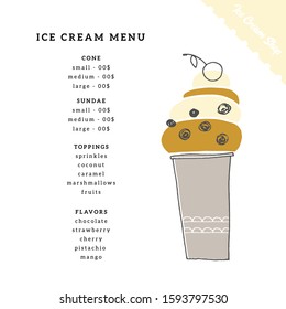 Simple vector menu template for cafe or shop with hand drawn ice-cream. For ice cream party or greeting card. For business identity and branding.