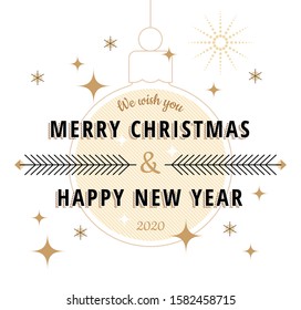 Simple vector Merry Christmas and Happy New Year greeting card with golden hanging bouble and text