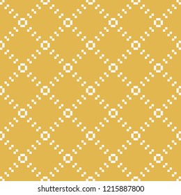 Simple vector minimalist seamless pattern with small squares in diagonal grid. Abstract geometric texture with delicate net, lattice. Yellow and white background. Repeat design for decor, wallpapers