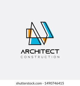 Simple Vector modern minimalistic house design logo design template for company. Blue and yellow colors on white background.