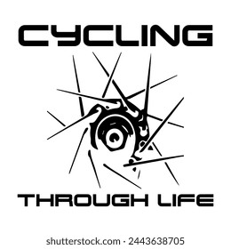 Simple Vector Monochrome Image Of A Bicycle Wheel On A White Background With Lettering CYCLING THROUGH LIFE. T-shirt Image.