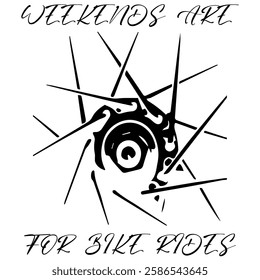 Simple Vector Monochrome Image Of A Bicycle Wheel On A White Background With Lettering WEEKENDS ARE FOR BIKE RIDES. T-shirt Image. Image For Tattoo. Jacket design.