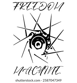 Simple Vector Monochrome Image Of A Bicycle Wheel On A White Background With Lettering FREEDOM MACHINE. T-shirt Image. Jacket design. Sample Tattoo Design
