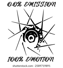 Simple Vector Monochrome Image Of A Bicycle Wheel On A White Background With Lettering 0.0% EMISSION 100% EMOTION. T-shirt Image. Image For Tattoo. Jacket design.