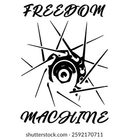 Simple Vector Monochrome Image Of A Bicycle Wheel On A White Background With Lettering FREEDOM MACHINE. T-shirt Image. Jacket design. Sample Tattoo Design