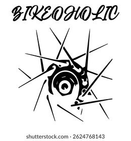 Imagem Monocromática Vetorial Simples De Uma Roda De Bicicleta Em Branco 
Plano De Fundo Com Letras BIKEOHOLIC. Imagem da camiseta. Imagem Para Tatuagem. Design de jaqueta.