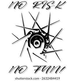 Simple Vector Monochrome Image Of A Bicycle Wheel On A White Background With Lettering NO RISK NO FUN! T-shirt Image. Jacket design. Sample Tattoo Design