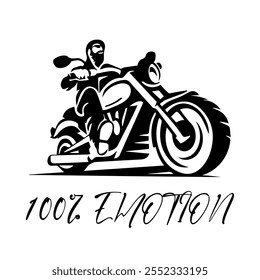 Simple Vector Monochrome Image Of  Biker On Motorcycle On A White Background With Lettering 100% EMOTION. T-shirt Image. Jacket design.