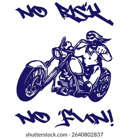 Simple Vector Monochrome Image Of  Biker On Motorcycle On A White Background With Lettering NO RISK NO FUN!. T-shirt Image. Image For Tattoo. Jacket design.