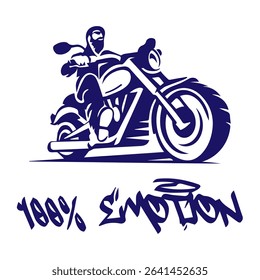 Simple Vector Monochrome Image Of  Biker On Motorcycle On A White Background With Lettering 100% EMOTION. T-shirt Image. Image For Tattoo. Jacket design.