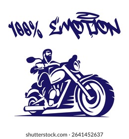 Simple Vector Monochrome Image Of  Biker On Motorcycle On A White Background With Lettering 100% EMOTION. T-shirt Image. Image For Tattoo. Jacket design.