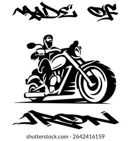 Simple Vector Monochrome Image Of  Biker On Motorcycle On A White Background With Lettering MADE OF IRON. T-shirt Image. Image For Tattoo. Jacket design.