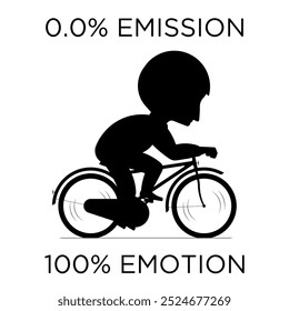 Simple Vector Monochrome Image Of A Cyclist On A Bicycle On A White Background With Lettering 0.0% EMISSION 100% EMOTION. T-shirt Image.