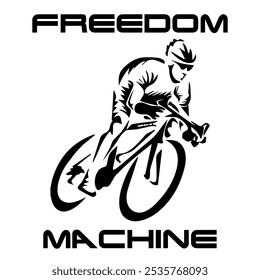 Einfaches monochromes Vektorbild eines Radfahrers auf einem Fahrrad auf weißem Hintergrund mit BeschriftungsFREIHEITSMASCHINE. T-Shirt Bild.