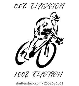 Imagem Monocromática Vetorial Simples De Um Ciclista Em Uma Bicicleta Sobre Um Fundo Branco Com Lettering 0,0% EMISSÃO 100% EMOÇÃO. Imagem da camiseta. Design de jaqueta.