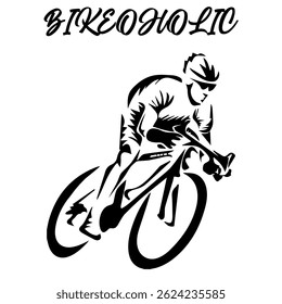Imagem Monocromática Vetorial Simples De Um Ciclista Sobre Uma Bicicleta Sobre Um Fundo Branco Com Letras BIQUEOHOLIC. Imagem da camiseta. Imagem Para Tatuagem. Design de jaqueta.